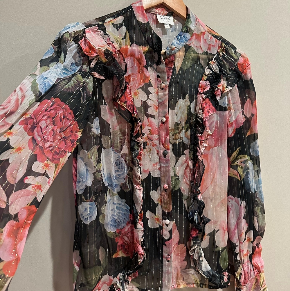 HEMANT & NANDITA Floral Ruffle Blouse - Black and Pink